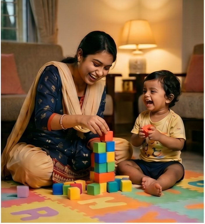 Babysitter playing with a happy toddler in Kolkata