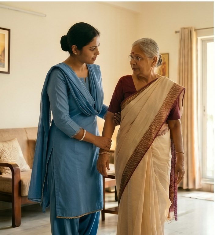 Female caregiver assisting an elderly woman at home