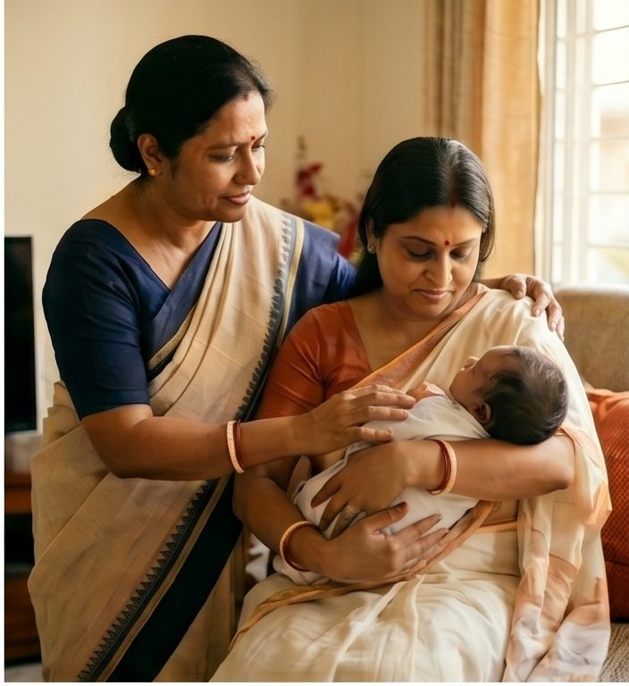 Japa postnatal caregiver supporting a new mother and baby