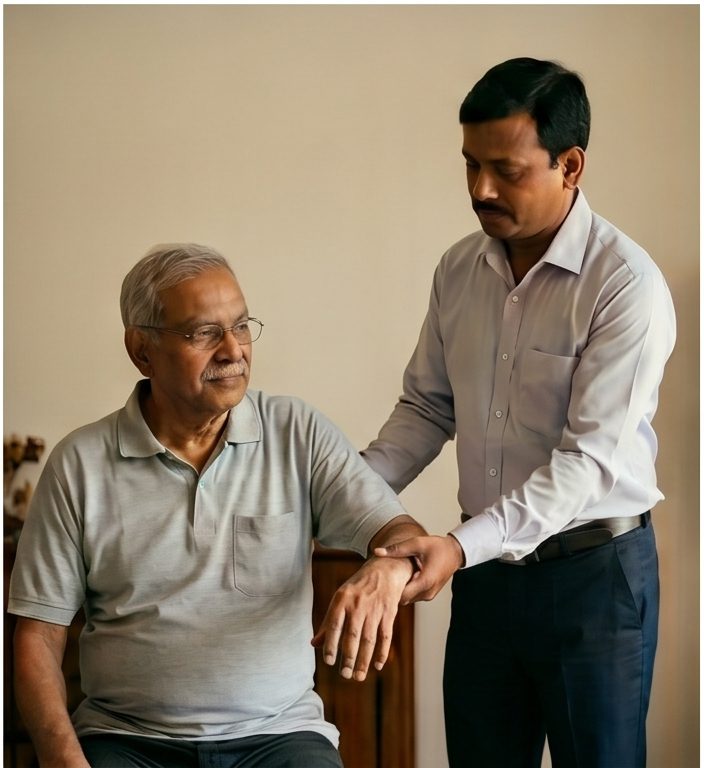 Male caregiver assisting an elderly man at home