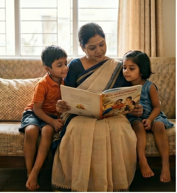Live-in Bengali nanny reading with children in a Kolkata home