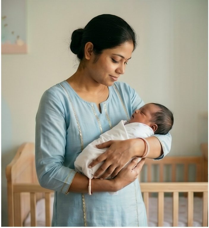 Newborn-care specialist gently cradling a baby