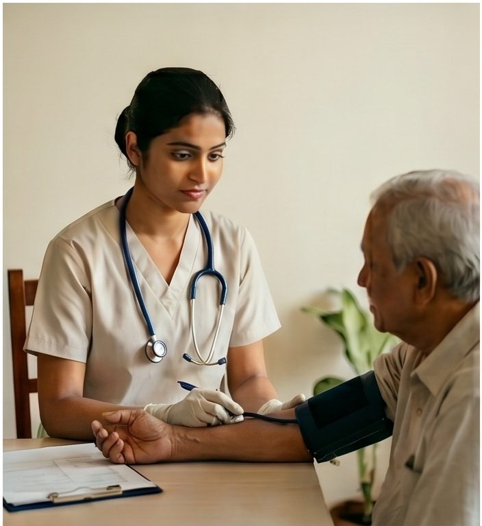 Home nurse checking an elderly patient in Kolkata